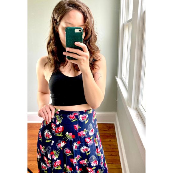 Vintage 90s Floral Navy Blue Hot Pink Cottagecore Grunge Flutter Maxi Skirt 12 - Picture 4 of 8